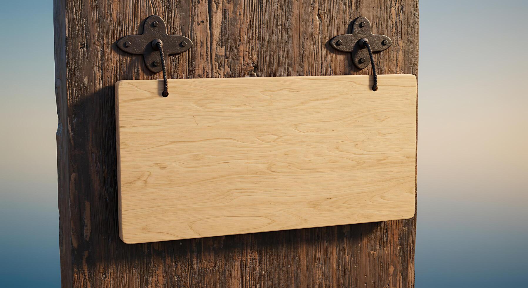 Wooden sign hanging on a wooden post photo