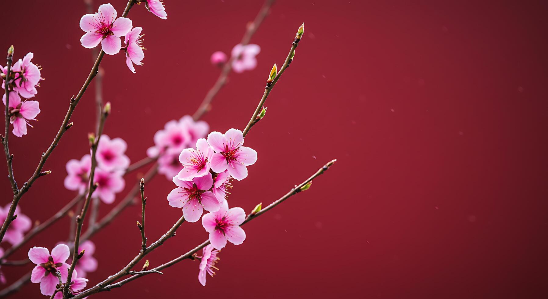 Pink flowers on a branch against a red background photo