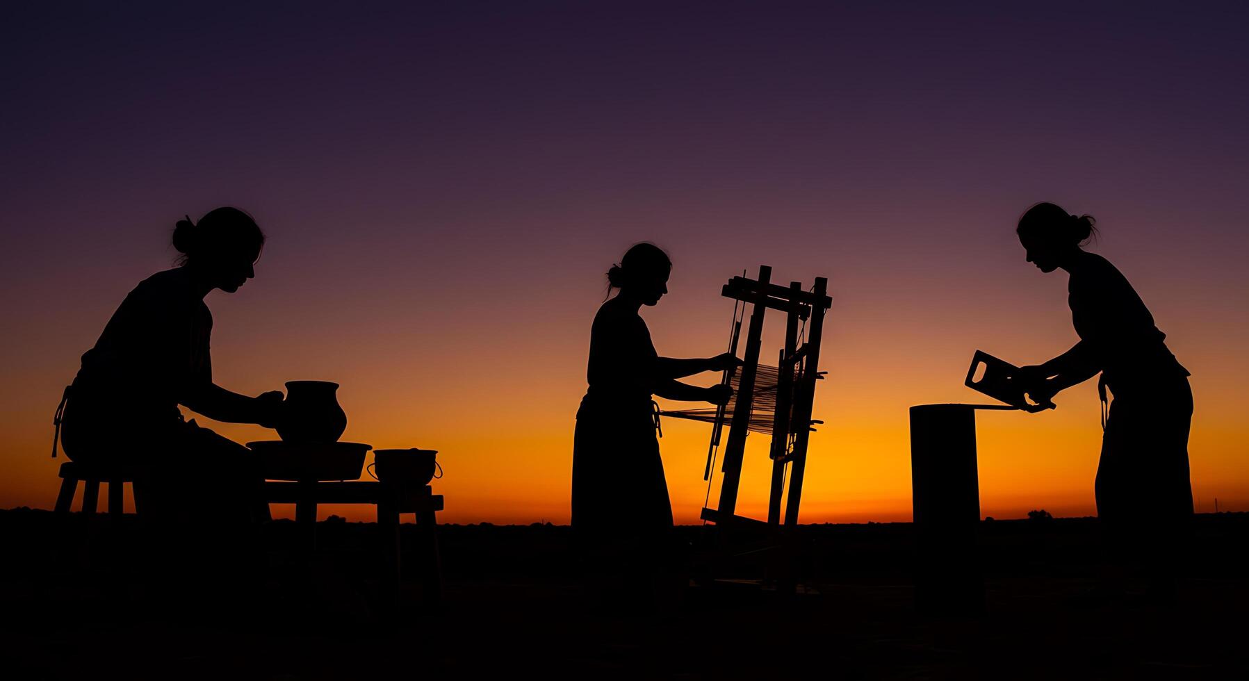Silhouette of three people working on a painting photo