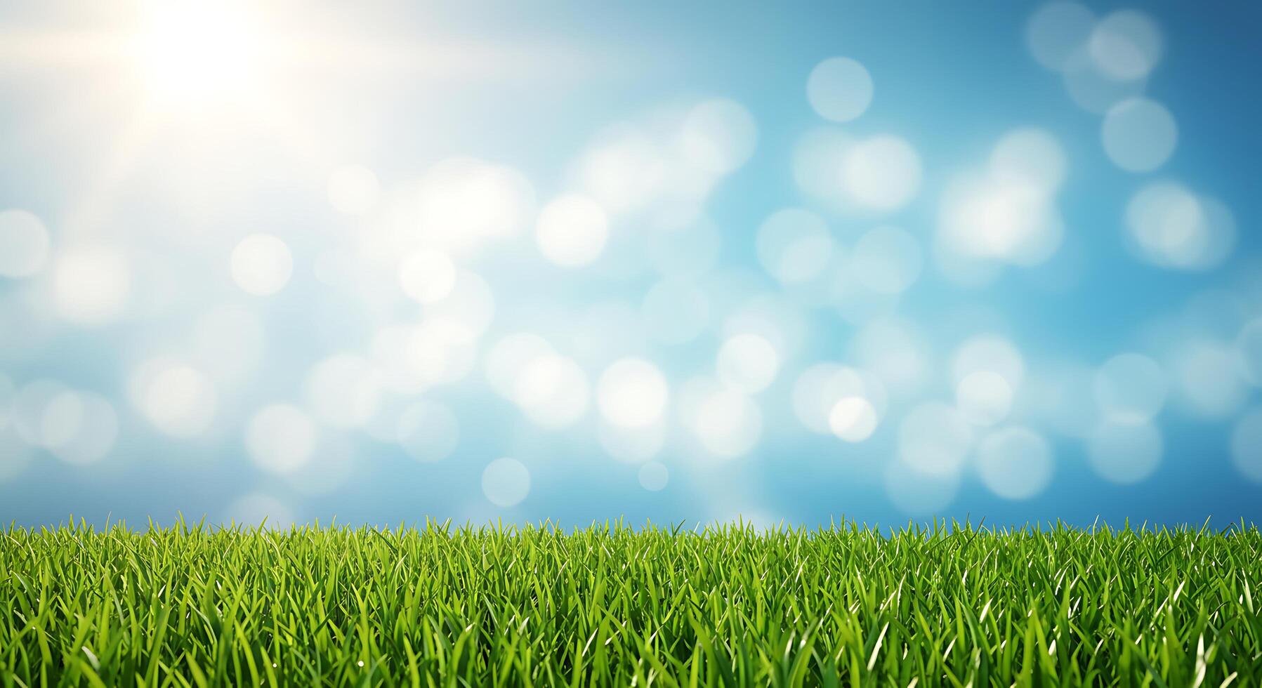 Green grass and sun on blue sky background photo