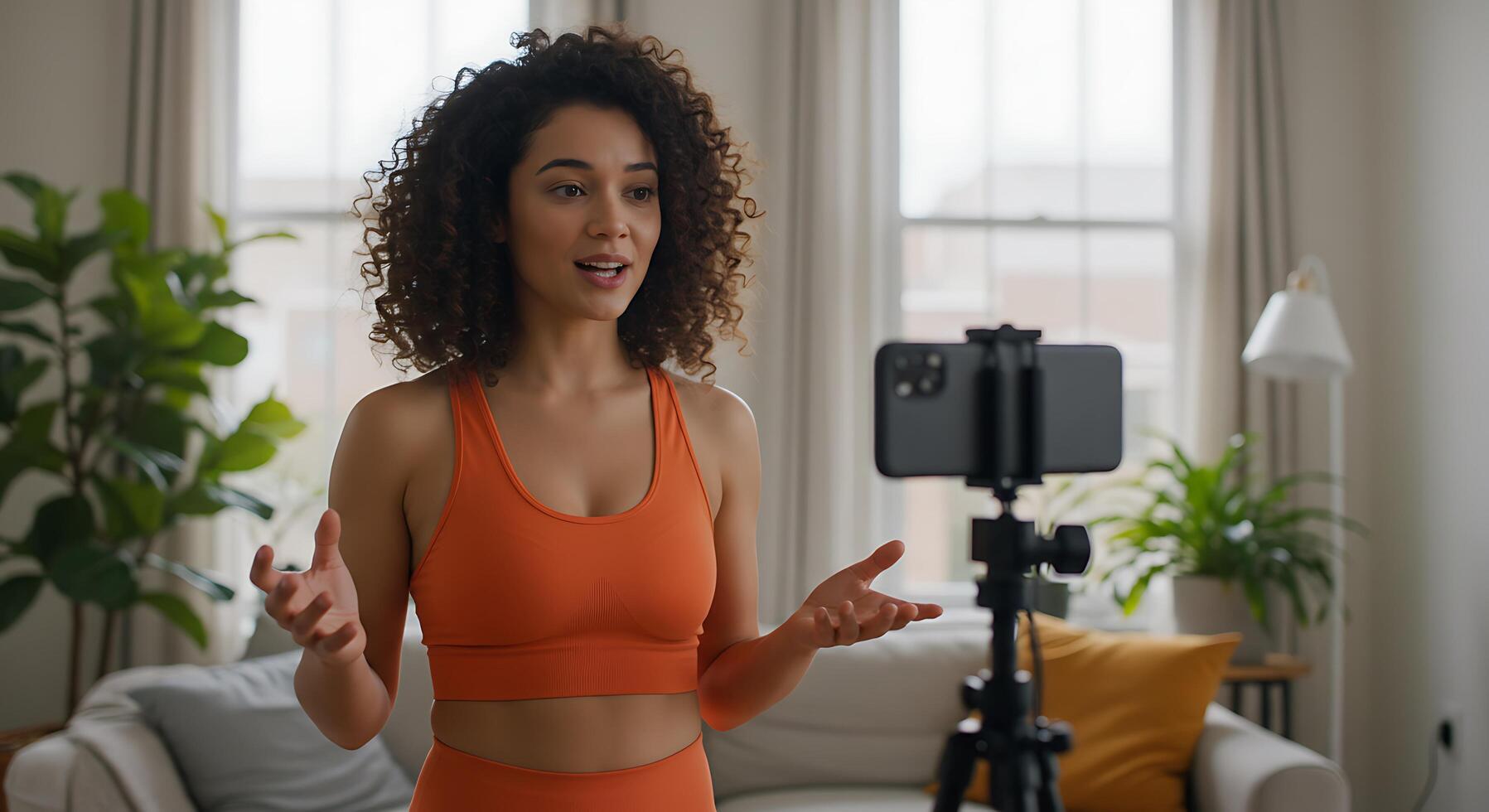A woman in an orange sports bra top is holding up a camera photo
