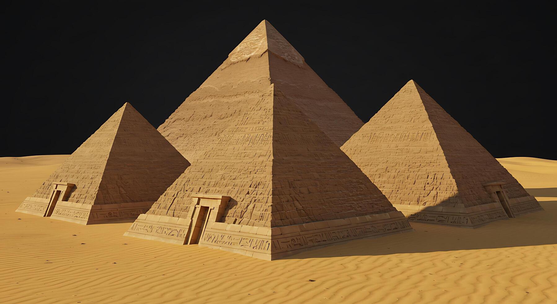 Three pyramids in the desert with sand photo