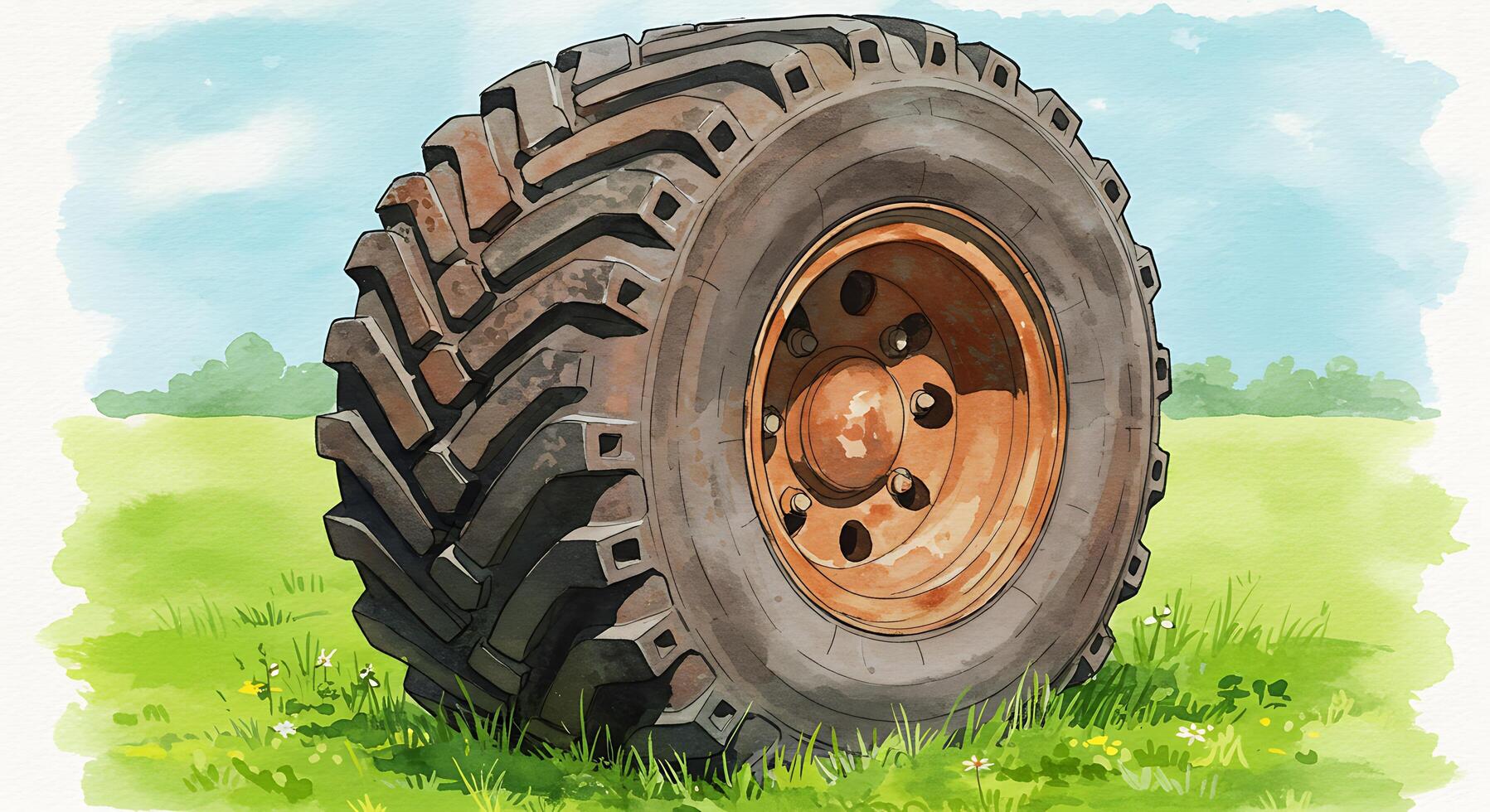 A watercolor illustration of a tractor tire on a grassy field photo