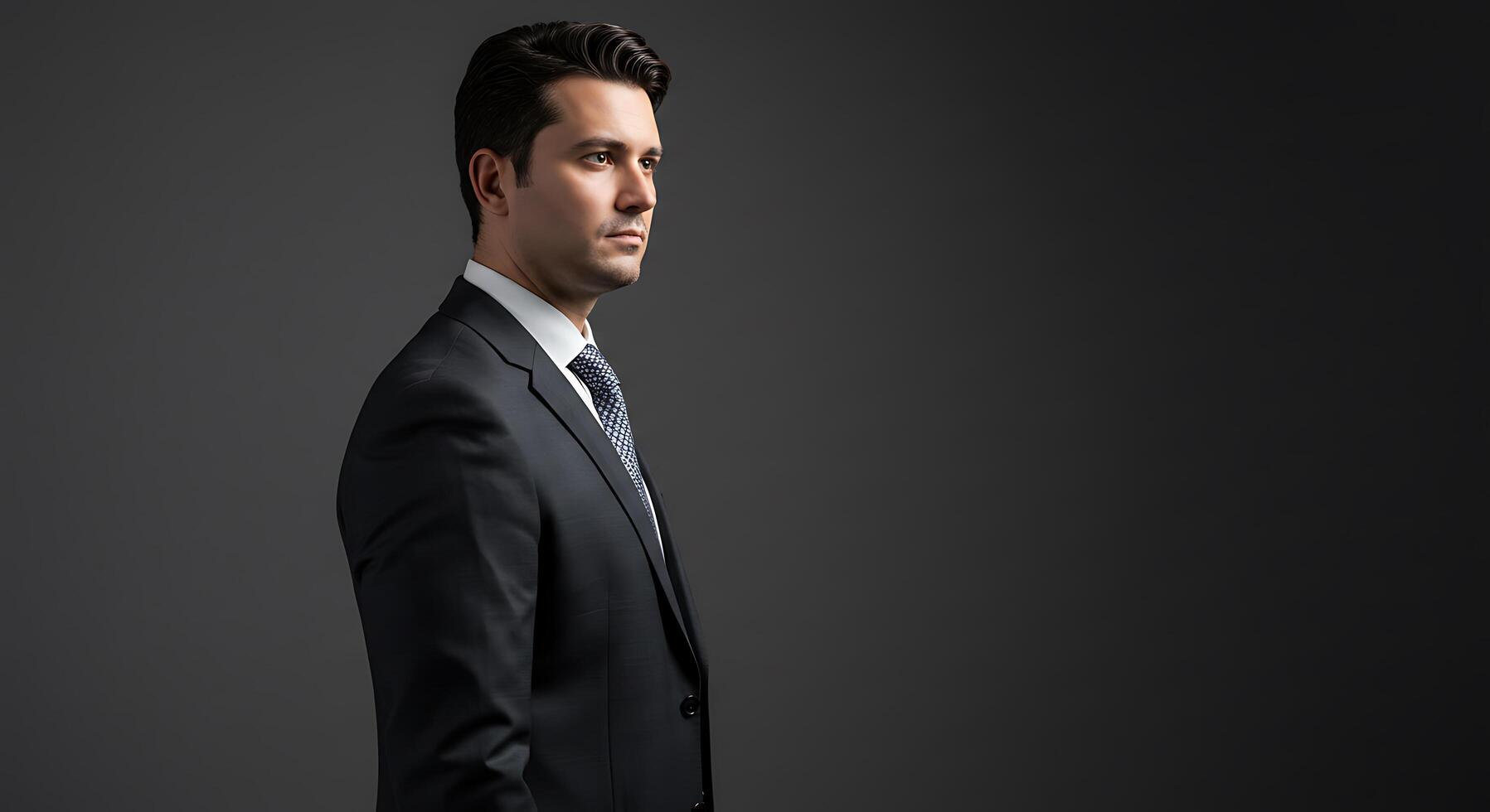 A man in a suit and tie standing against a dark background photo