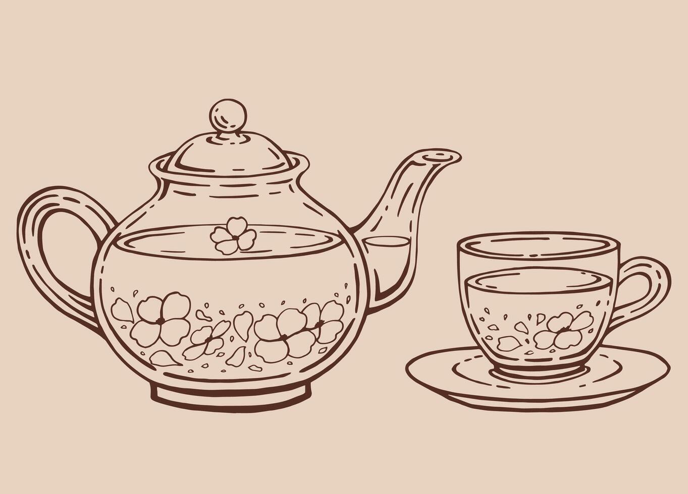 Tea set with glass teapot and cup, jasmine. Hand drawn illustration in outline style. vector