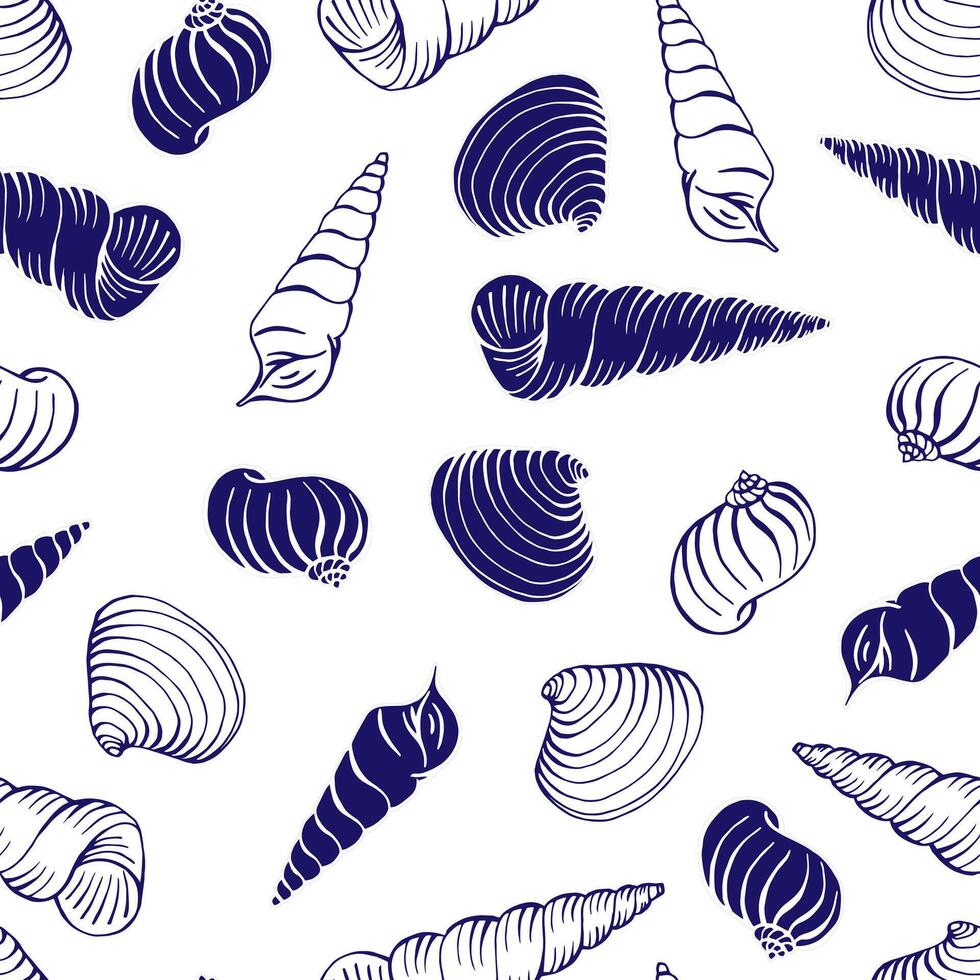 Seamless pattern with shells of different shapes Hand drawn illustration. vector