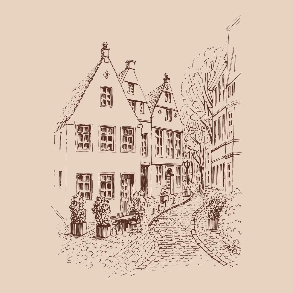Charming european street. Hand drawn illustration vector