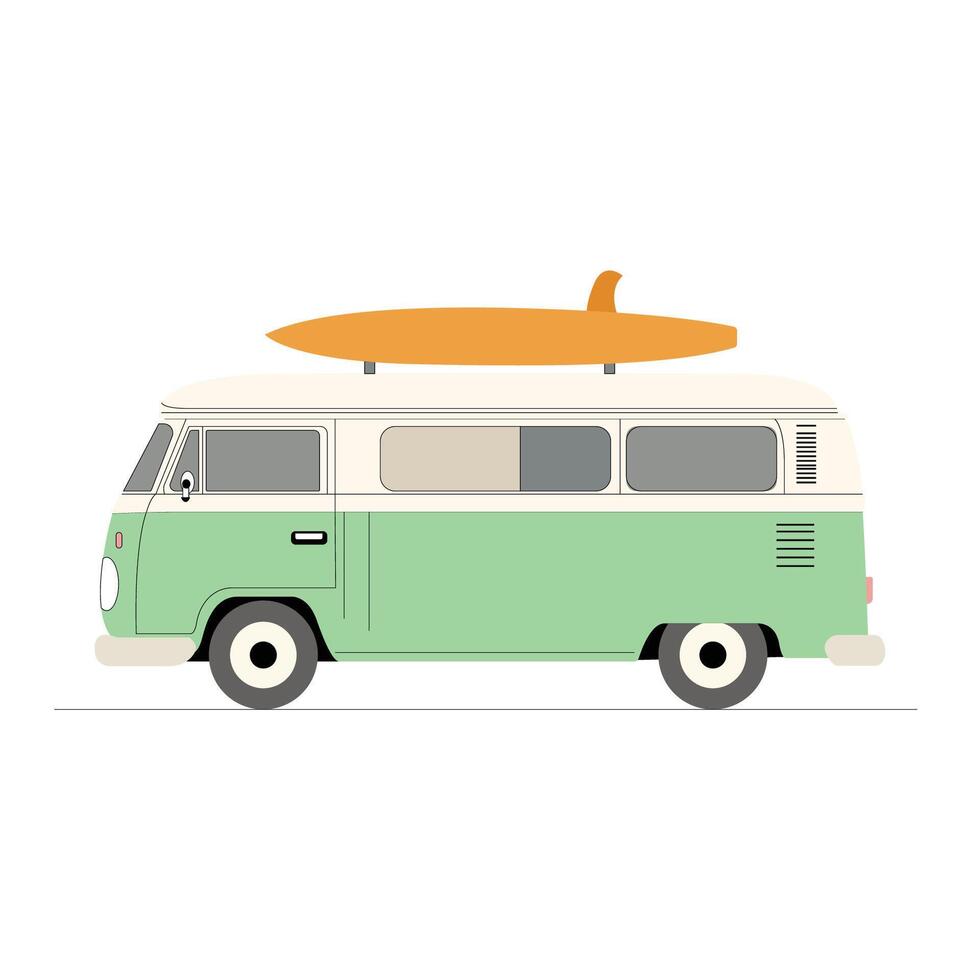 Vintage Camper Van with Surfboard Illustration vector