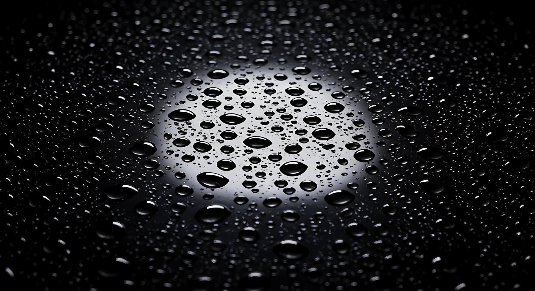 A black and white photo of water droplets on a surface
