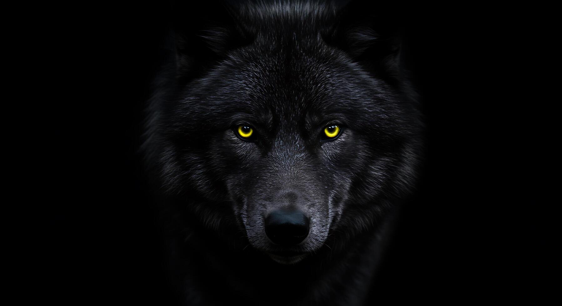 Black wolf with yellow eyes on a black background photo