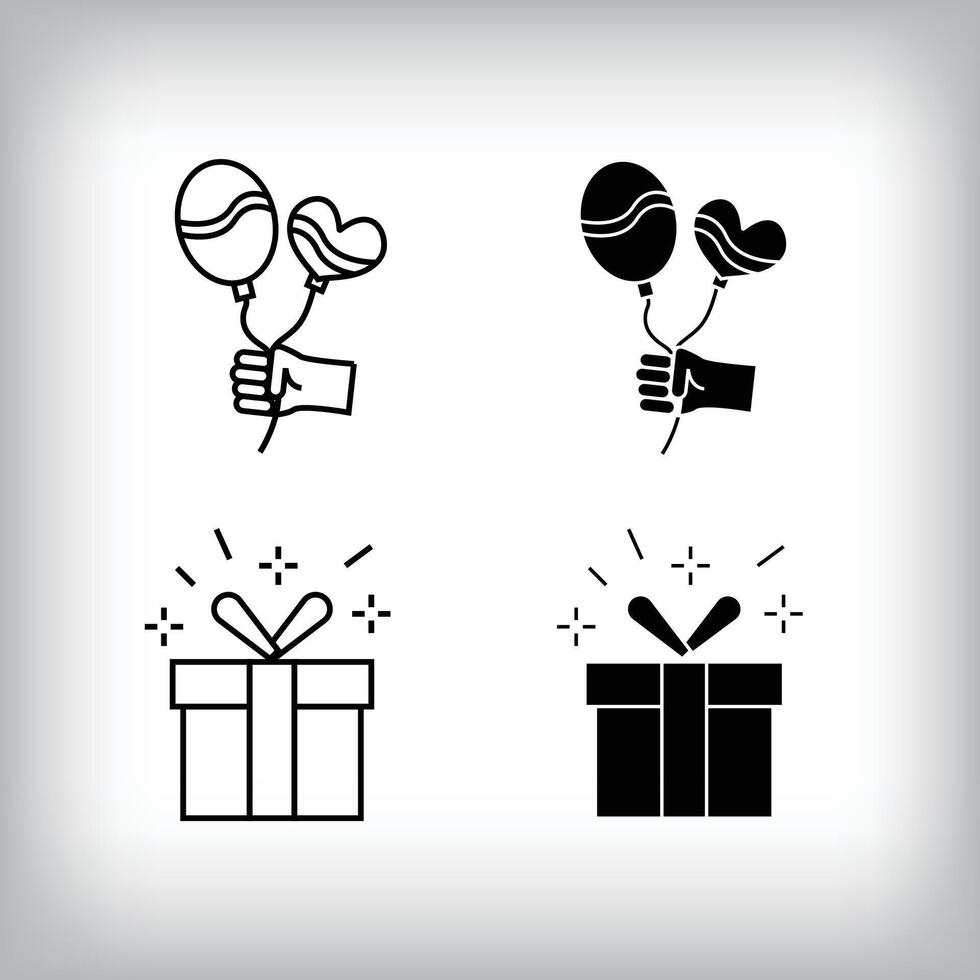 Gift box, flying balloon and fun design. Simple linear and flat event celebration icon set. vector