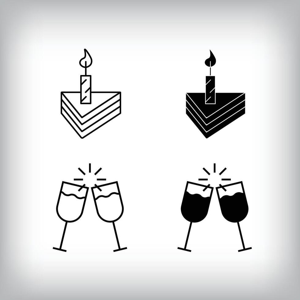 Glass clash, Cake slice candles and Entertainment design. Simple linear and flat event celebration icon set. vector