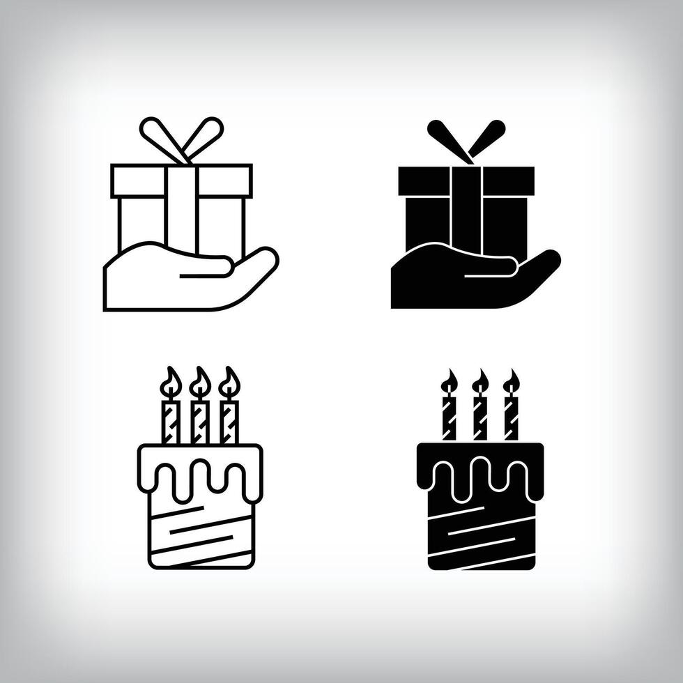 Gift box, flying Cake candles and fun design. Simple linear and flat event celebration icon set. vector