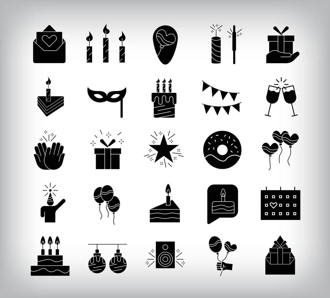 Decoration, cake, candle, firecracker and decoration and entertainment design. Simple set of 25 flat event and entertainment icons. vector