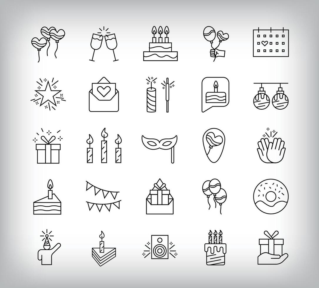Birthday, cake, candle, dessert and decoration and fun design. Simple set of 25 linear event and fun icons. vector