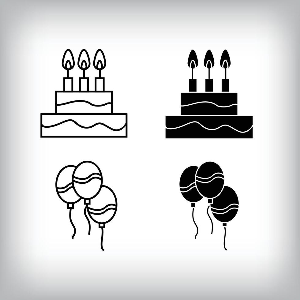 Cake candles, flying balloon and fun design. Simple linear and flat event celebration icon set. vector