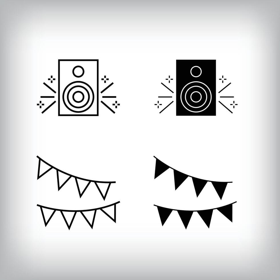 Music system, decoration and entertainment design. Simple linear and flat event celebration icon set. vector