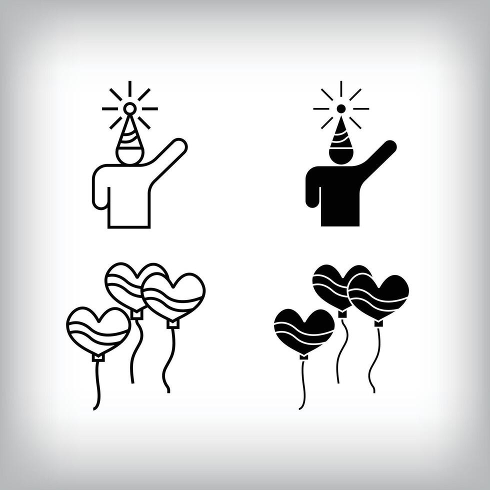 Birthday person, flying heart balloon and fun design. Simple linear and flat event celebration icon set. vector