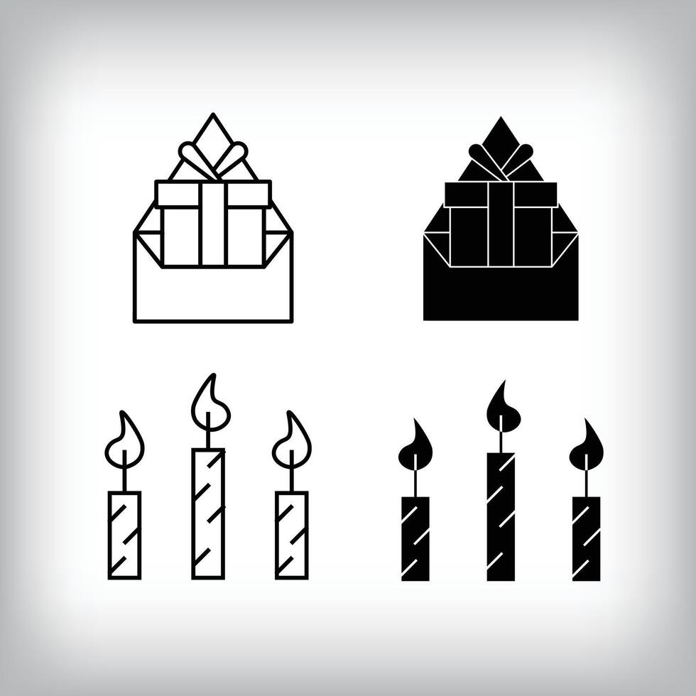 Gift envelope, burning candles and fun design. Simple linear and flat event celebration icon set. vector