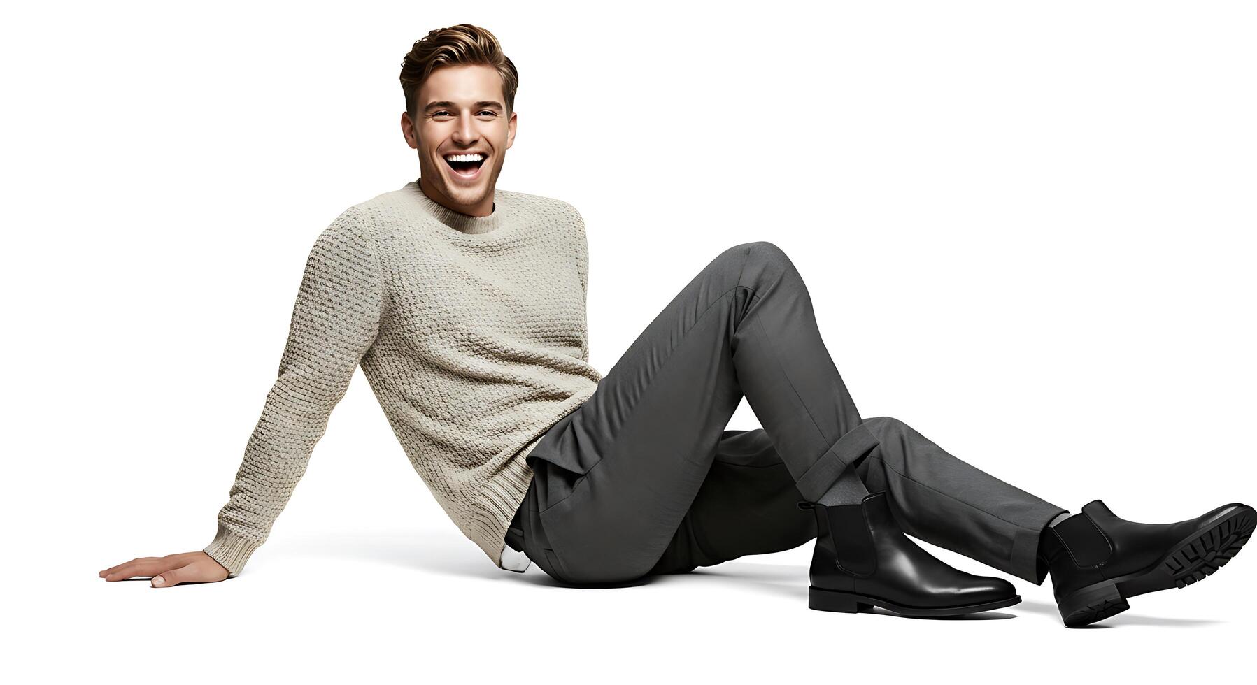 A man in a sweater and black boots sitting on the floor photo