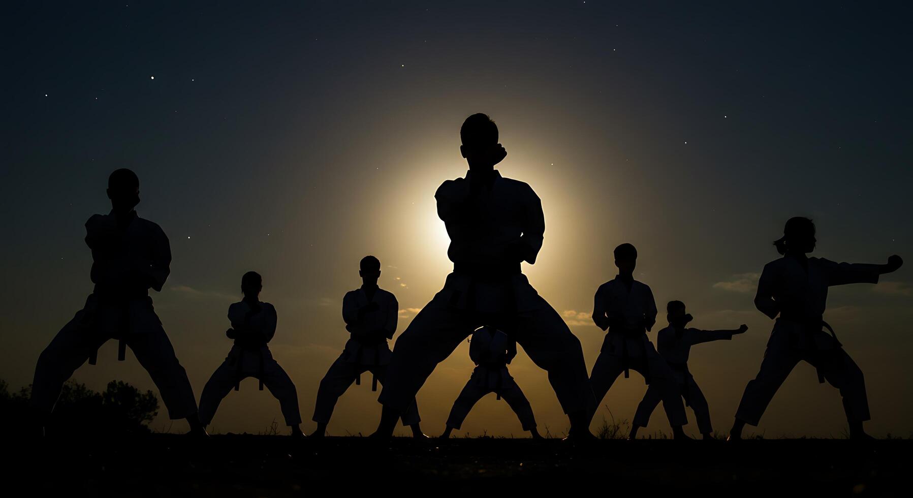 Silhouette of karate students at night photo