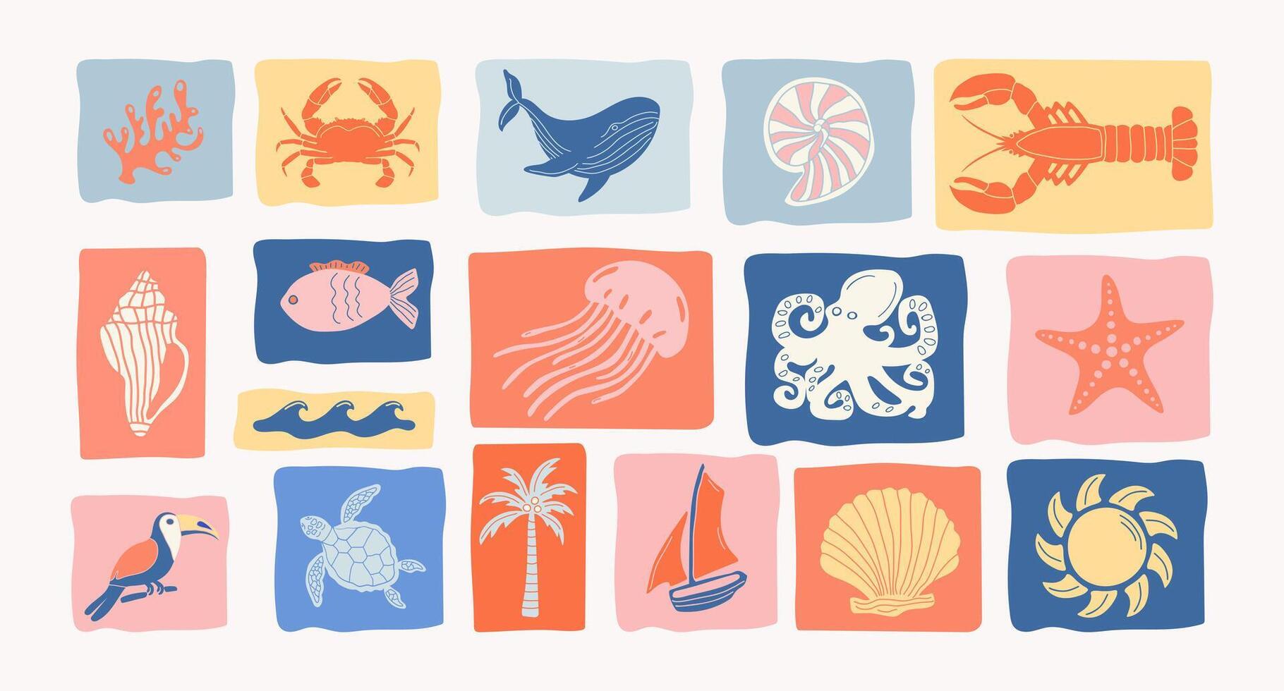 Set of vintage summer pictures in marine style. vector