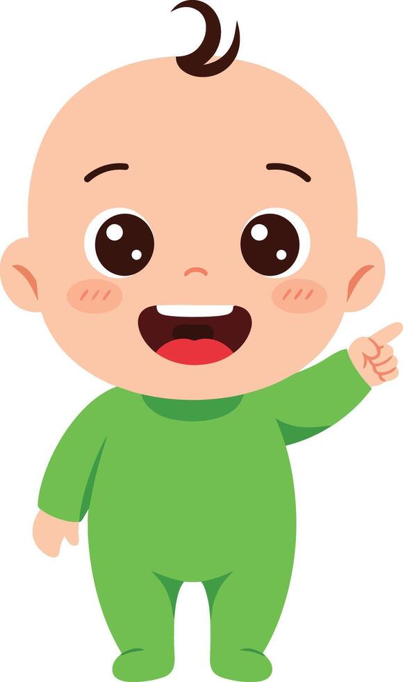 Cute happy baby boy in green pajamas smiling and pointing finger illustration for children and family themes vector