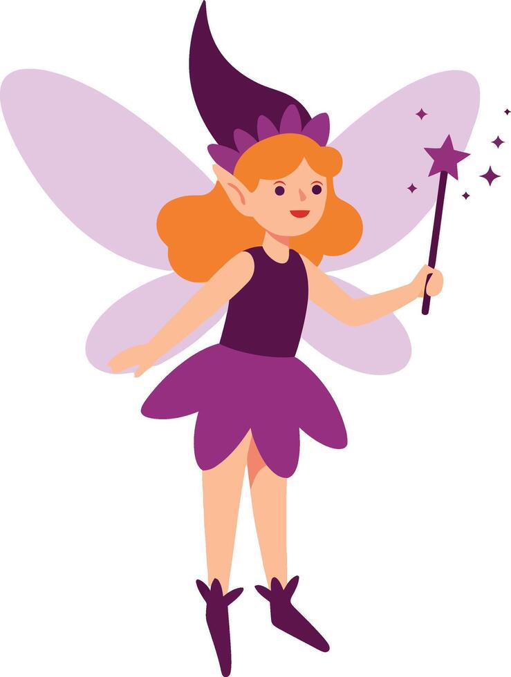 Fairy girl with purple dress and wings holding magic wand illustration in flat style vector