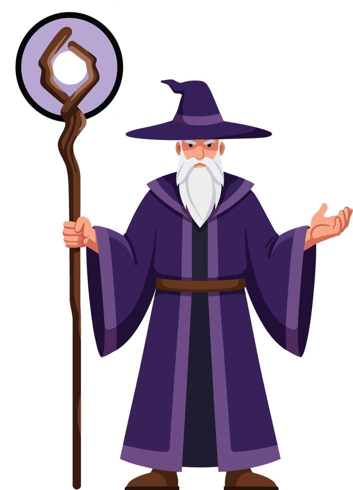Wizard character in purple robe and hat holding magical staff casting spell fantasy illustration vector