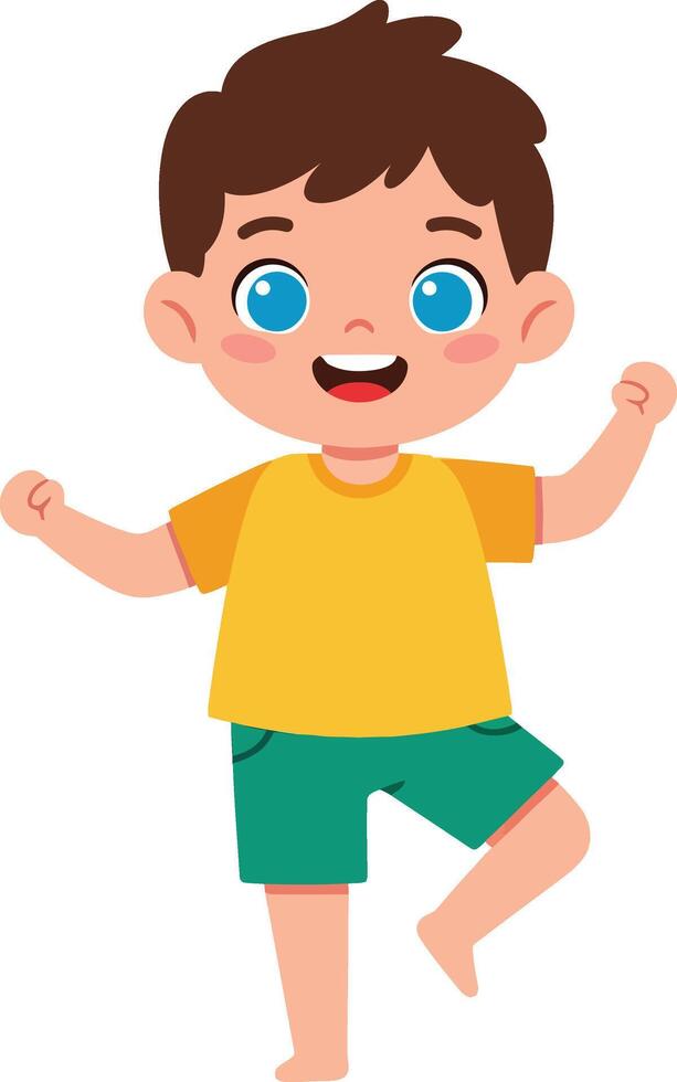Happy young boy dancing in yellow shirt and green shorts cheerful child illustration vector