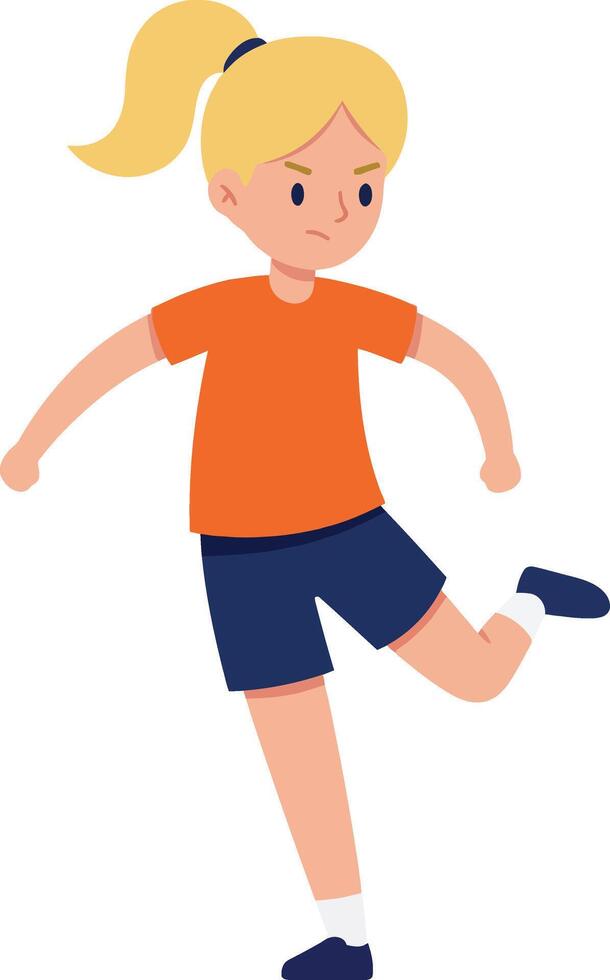Girl playing soccer kicking ball in orange shirt and navy shorts illustration of active child vector