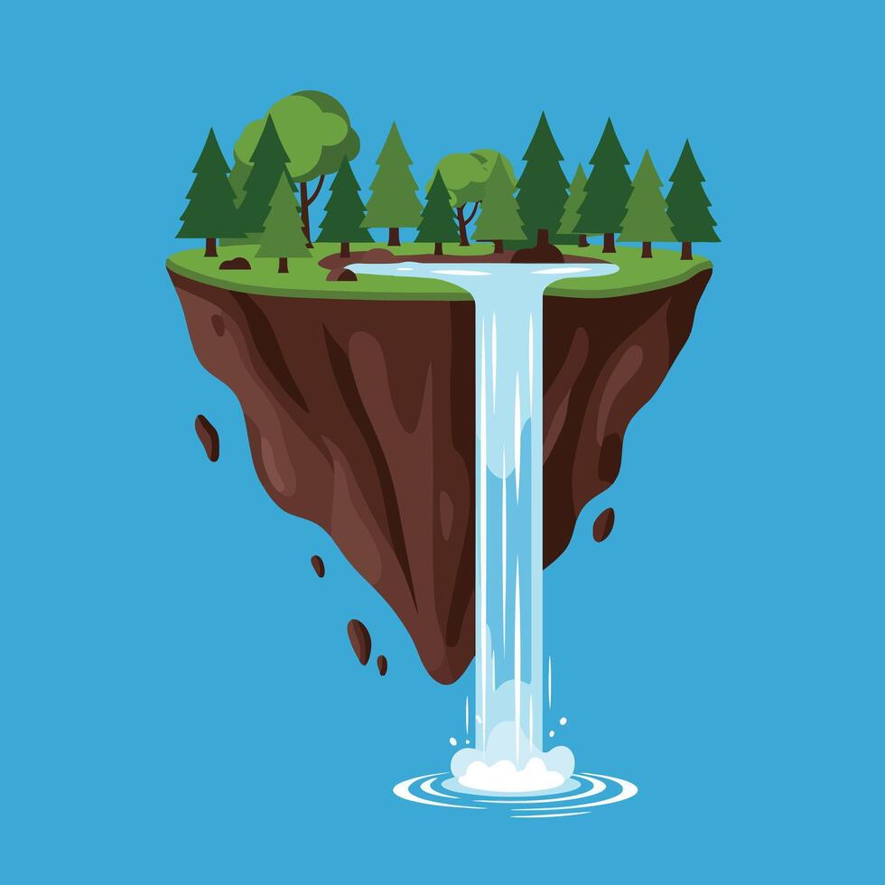 Floating island with waterfall and green forest trees in clear blue sky illustration natural landscape design vector