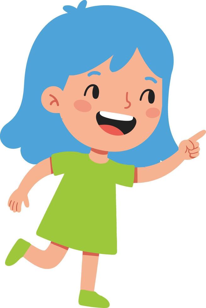 Happy young girl with blue hair running and pointing finger in cheerful green dress and shoes illustration vector
