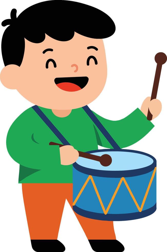 Boy playing drum musical instrument smiling happily illustration vector