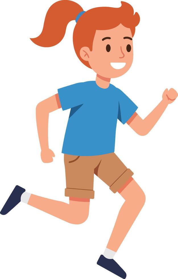 Girl running in blue shirt and brown shorts active child smiling illustration vector