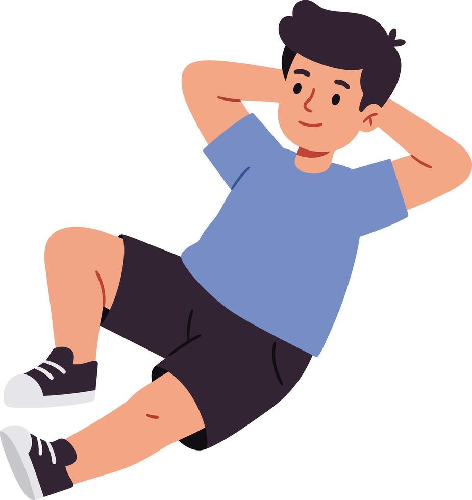 Boy exercising doing side crunch workout in casual clothes and sneakers illustration vector