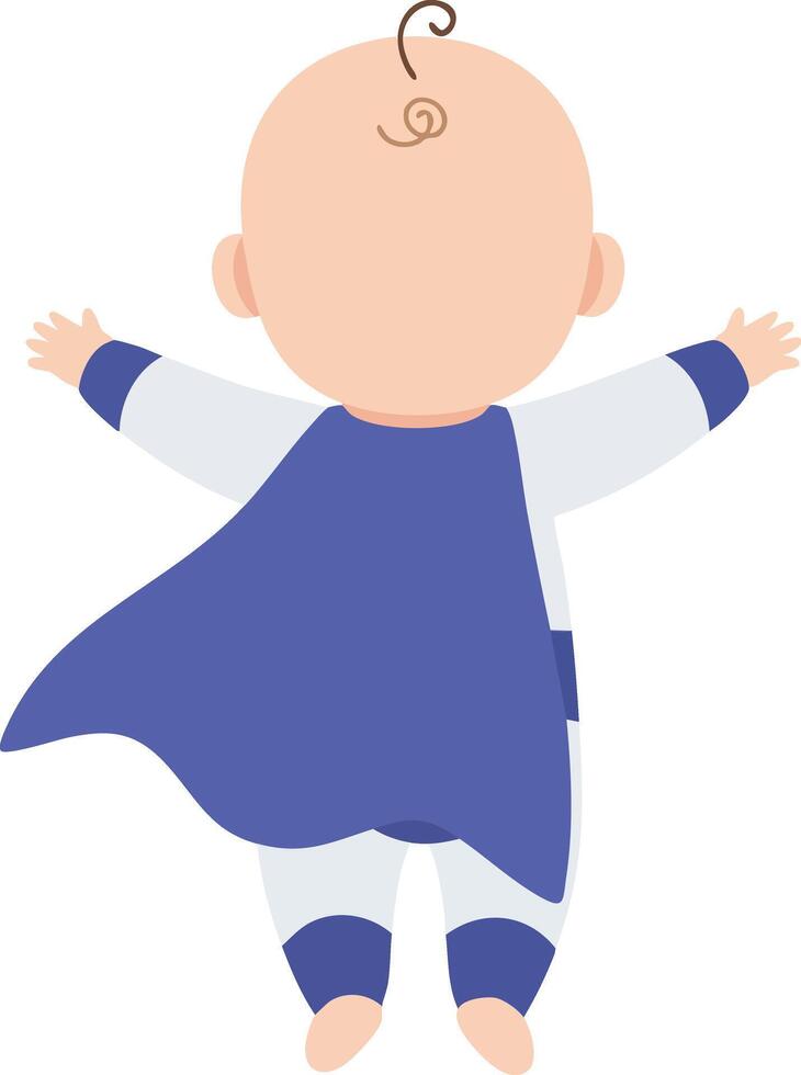Baby in blue superhero costume flying and stretching arms in playful pose illustration vector