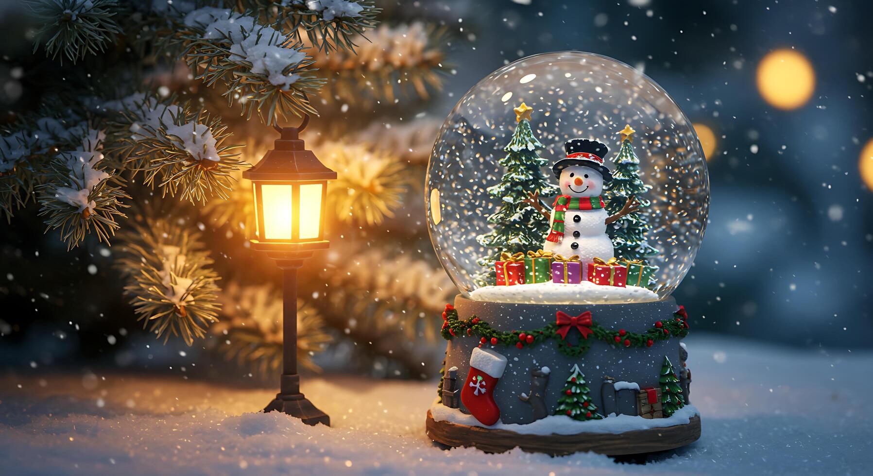 A snow globe with a christmas tree and a snowman inside photo