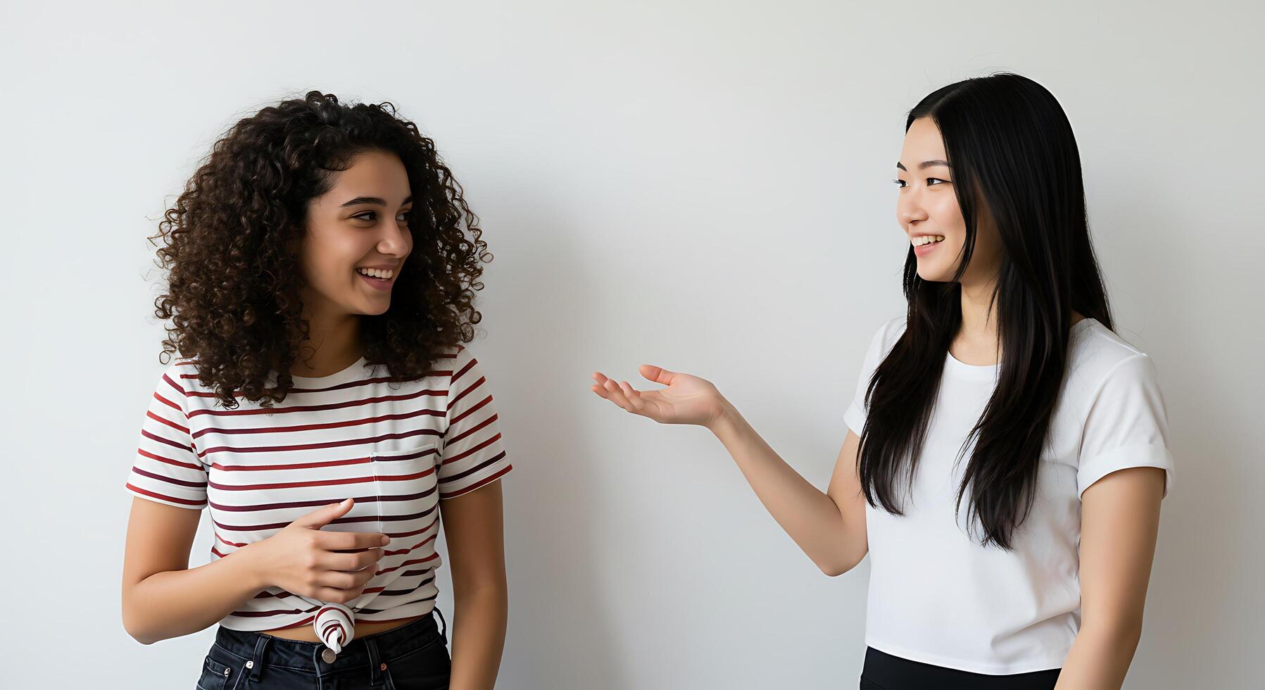 Two women talking to each other in front of a white wall photo