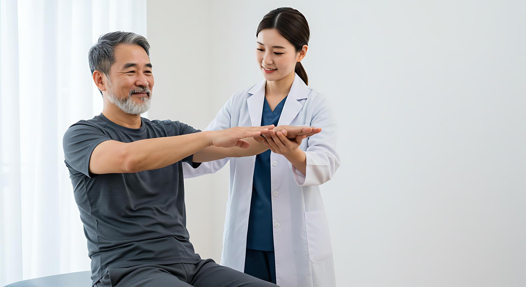 A doctor is helping an elderly man with his arm photo