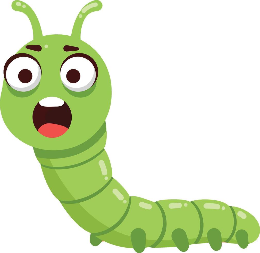 Green cartoon caterpillar with surprised expression illustration for kids and nature education purposes vector