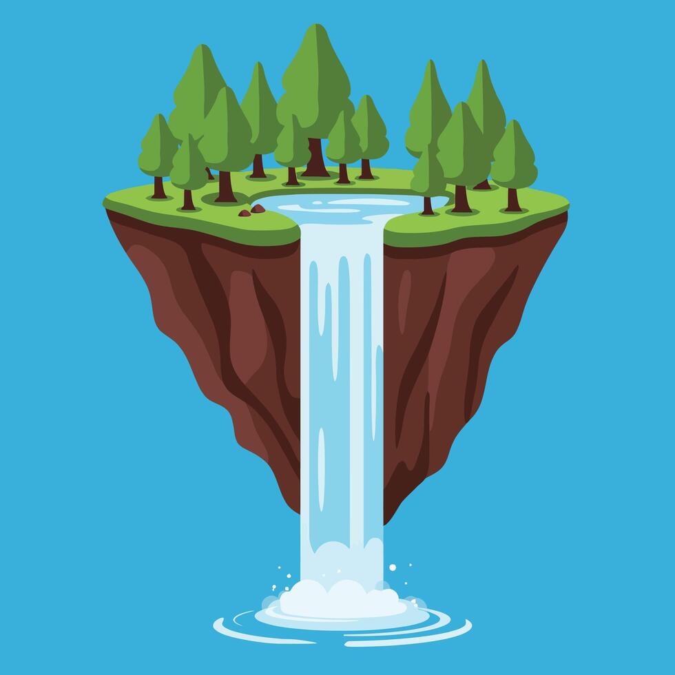 Floating island with waterfall and pine trees in bright blue sky illustration vector