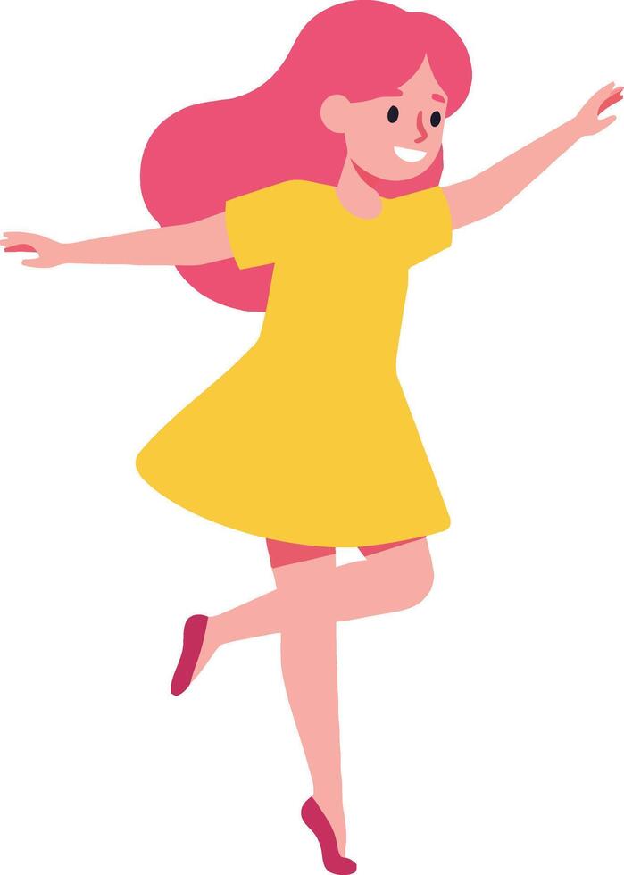 Girl dancing happily in yellow dress with red hair illustration joyful expression vector