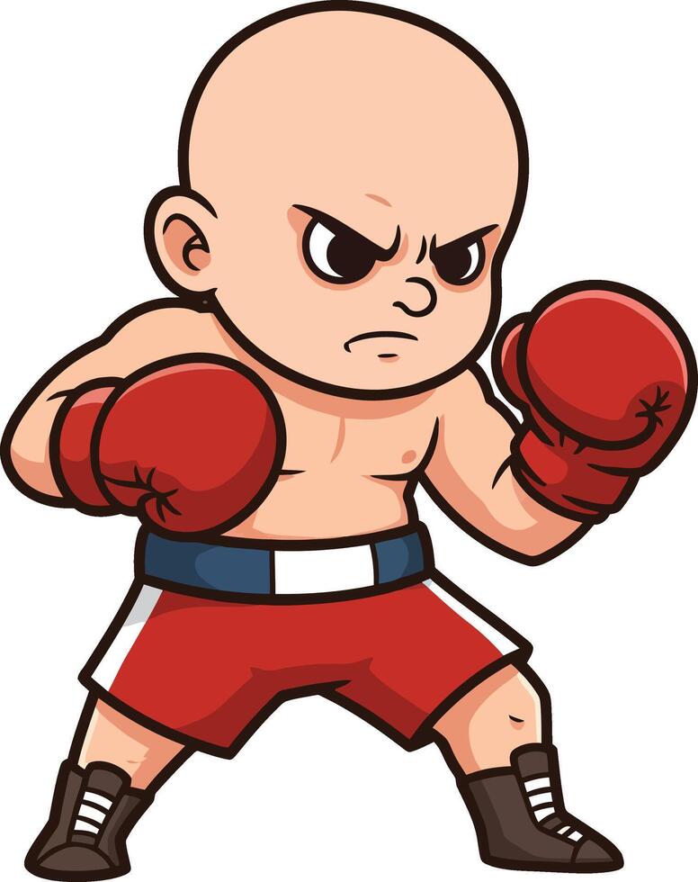 Cartoon bald male boxer in fighting stance with red gloves and shorts illustration for sports and fitness designs vector