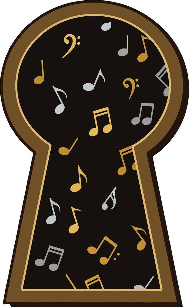 Musical notes and symbols inside brown and black keyhole shape illustration design vector
