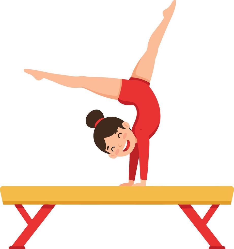Young female gymnast performing handstand on balance beam in red leotard illustration vector