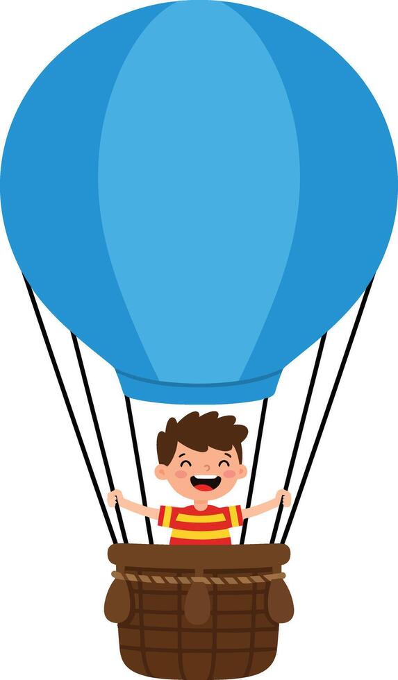 Child enjoying blue hot air balloon ride in wicker basket flying adventure illustration vector
