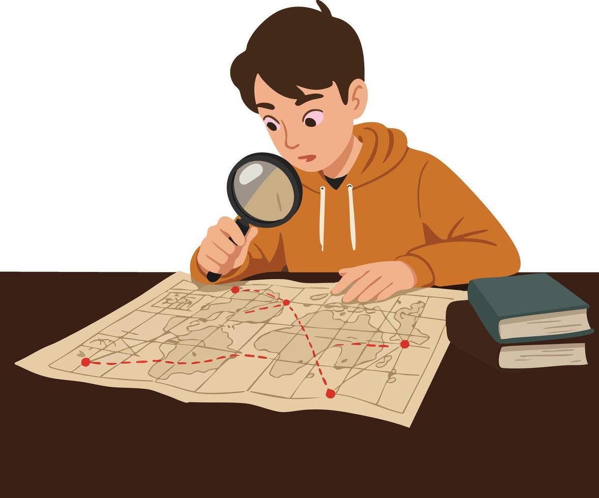 Boy studying map with magnifying glass and books in orange hoodie concentrating on exploration and discovery vector