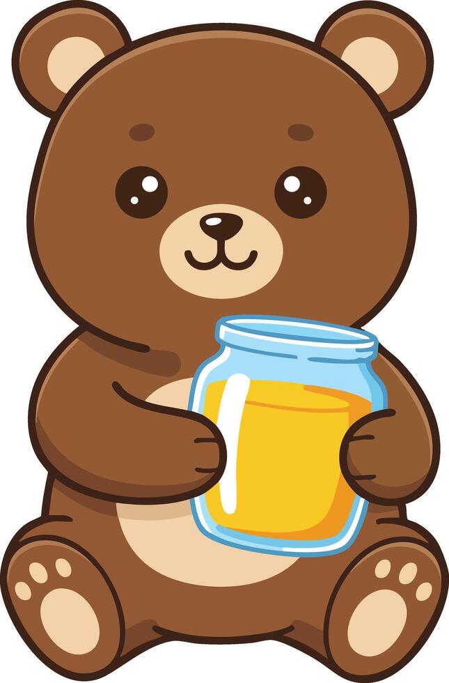 Cute brown bear holding honey jar adorable sitting cartoon character illustration vector