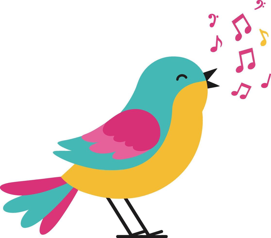 Colorful singing bird with blue, yellow, and pink feathers illustration with music notes in simple style vector